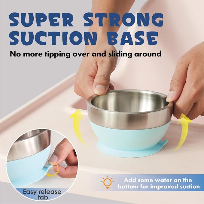 MR. CHOU Suction Baby Bowl Set with Spoon & Fork, Double-Wall 18/8 Stainless Steel Toddler Bowls with BPA Free Airtight Lids, Food Grade Infant Self-Feeding Bowl, First Stage Led Weaning Supplies Blue