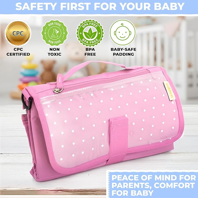 Portable Diaper Changing Mat, Fits Most Changing Tables, One-Hand Hook-and-loop fasteners, Front Touchscreen-Friendly Pocket (Pink)