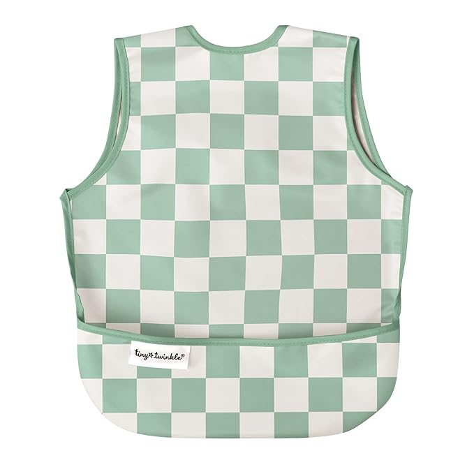 Tiny Twinkle Mess Proof Baby Bib for Boys | Waterproof Toddler Bib for Eating | Baby Apron for Feeding, Machine Washable | Perfect Shower Gift (Green Checkers, 2-4Y)