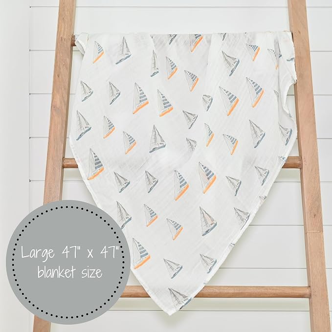 LollyBanks Muslin Swaddle Blankets, 100% Cotton Baby Swaddle Blanket for Boys and Girls, Large 47 x 47 Inches Infant Swaddle, Soft and Breathable Baby Receiving Blankets, Registry (Sailboat Print)