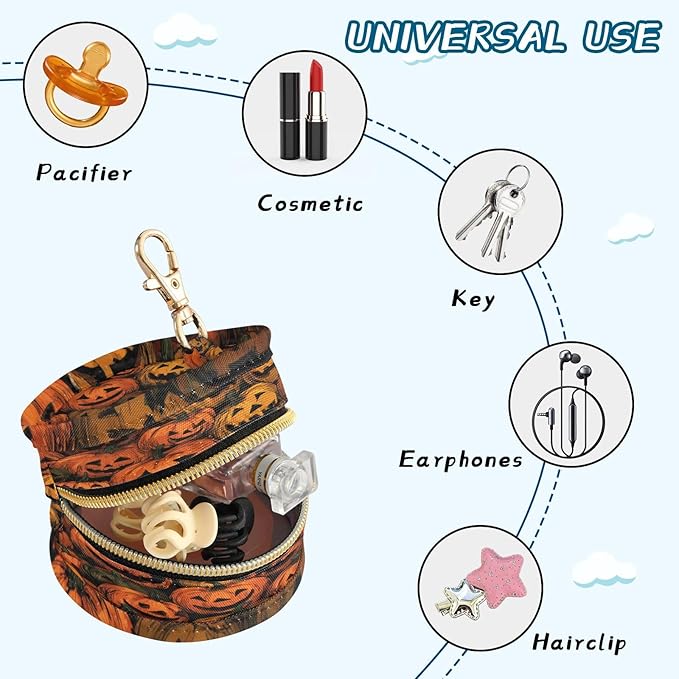 Pacifier Holder with Clip Pacifier Case for Diaper Bag Round Baby Pacifier Pouch Box Bag Portable Cartoon Orange Halloween Pumpkin Lanterns