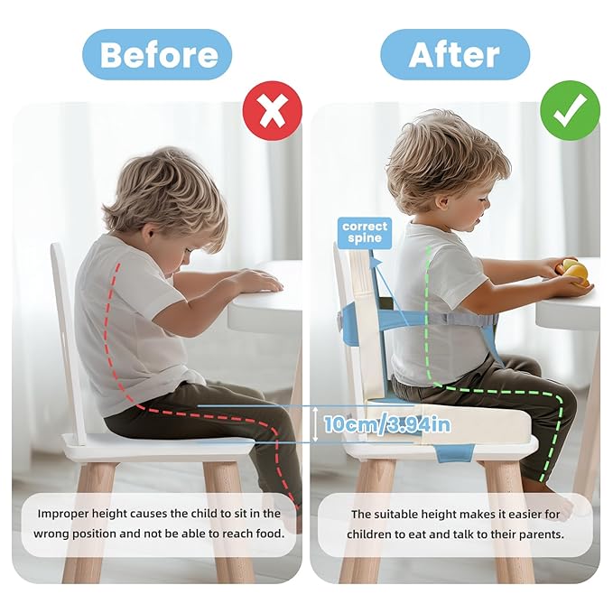 Toddler Booster Seat for Dining Table with Adjustable Straps, Kids Booster Seat for Kitchen Chair with Non-Slip Bottom, PU Anti-Scratch Portable Detachable Increasing Cushion (Blue)
