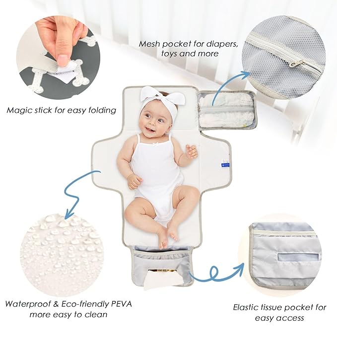 Dog Bone Themed Portable Diaper Changing Pad with Wipes Holder, Black and White Foldable Baby Diaper Changer Travel Bag Doodle Food Bones Baby Changing Mat with Built-in Pillow for Newborn