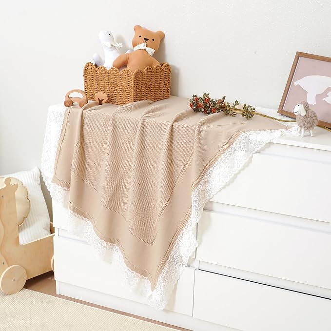 mimixiong 100% Pure Cotton Baby Blanket Extra Soft Cellular Neutral Swaddle Receiving Crib Blanket for Newborn Baby Boy Girl Size 30 x 40 inches (Camel -lace)