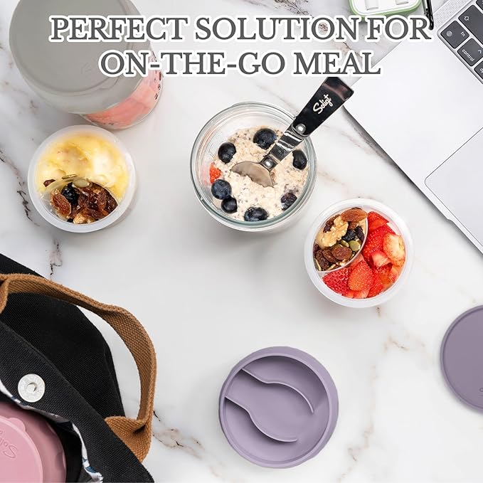 SOLIGT Overnight Oats Containers with Lids, Folding Spoons and Divided Compartment for Fruit & Nuts, Small Glass 16oz Mason Jars for Oatmeal Yogurt Parfait (2 Set-Smoke Gray/Oat White)