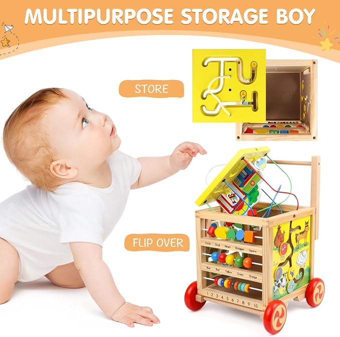 Wooden Activity Cube 6 in 1 Montessori Educational Learning Sensory Toys for 1 Year Old 12-18 Months Boys Girls First Birthday Gifts for Baby Toddler Toys Age 1-2 Bead Maze Shape Sorter Abacus