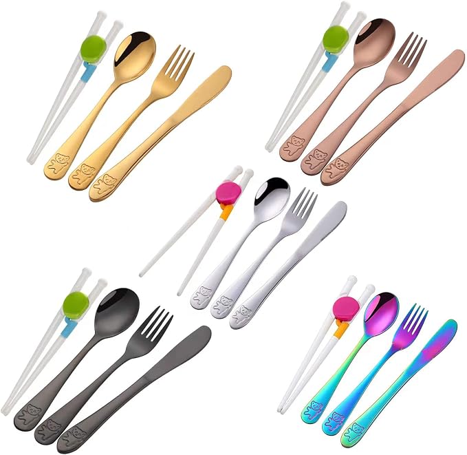 Stainless Steel Kids Utensils with Training Chopsticks | Toddler Silverware | Kids Silverware | Spoon + Fork + Knife + Chopsticks set | 4-12 Years+ | 20 Pieces | Dishwasher Safe | Multi Color