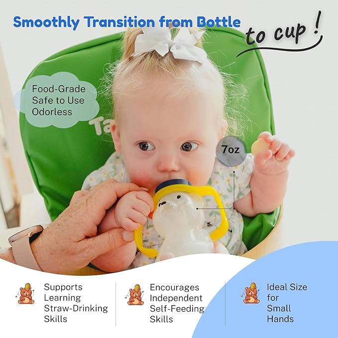 TalkTools Honey Bear Straw Cup with Handle, 7oz ??Soft Straw Trainer for Babies & Toddlers 4+ Months ??Easy-Grip, Dishwasher Safe (2pack)