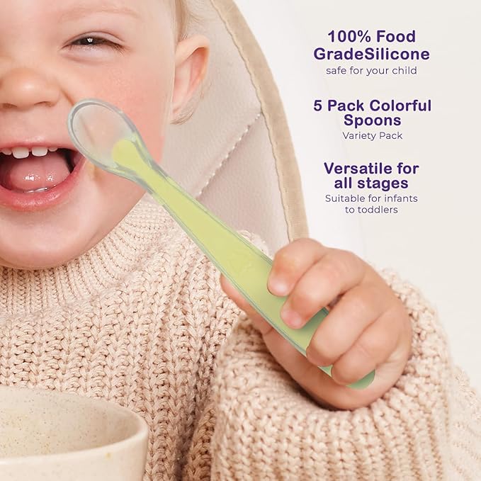 Best Baby Spoons First Stage 4 Months, Soft Food Grade Silicone, Baby Spoon Self Feeding, Infant Spoons First Stage Toddler Spoons, Baby Utensils Training Spoon Gift Set 5 Pack