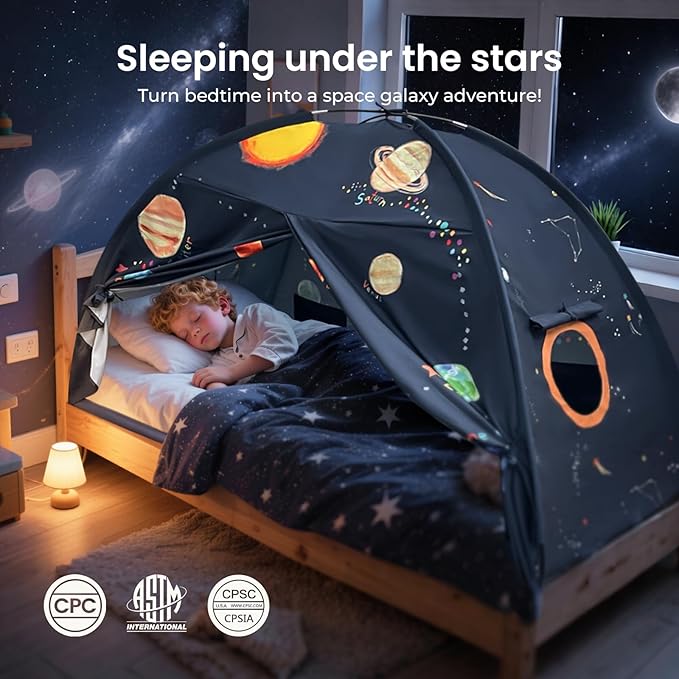 Tiny Land Space Galaxy Bed Tent for Kids ??Sleep Bed Canopy with 9 Planets Design, Easy-to-Install Indoor Kids Play Tent, Imaginative Playhouse, Ideal Gift for Boys & Girls ??77" x 40" x 46"