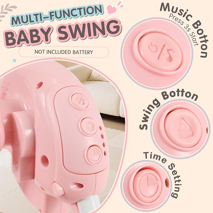 Baby Swing for Infants, Compact Foldable with 5 Speeds, Music & Soothing Vibration, Cute Floral Pattern Soft Cushion Seat,Timer & Removable Bar, Indoor Use, 0-9 Months (6-20 lbs) Pink