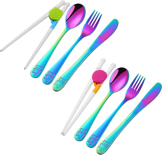 Stainless Steel Kids Silverware with Training Chopsticks, 8 Pieces Rainbow Toddler Utensils for 4-12 Years Old, Food Grade Metal Kids Utensils Set, Children Safe Flatware, Dishwasher Safe, Poylim