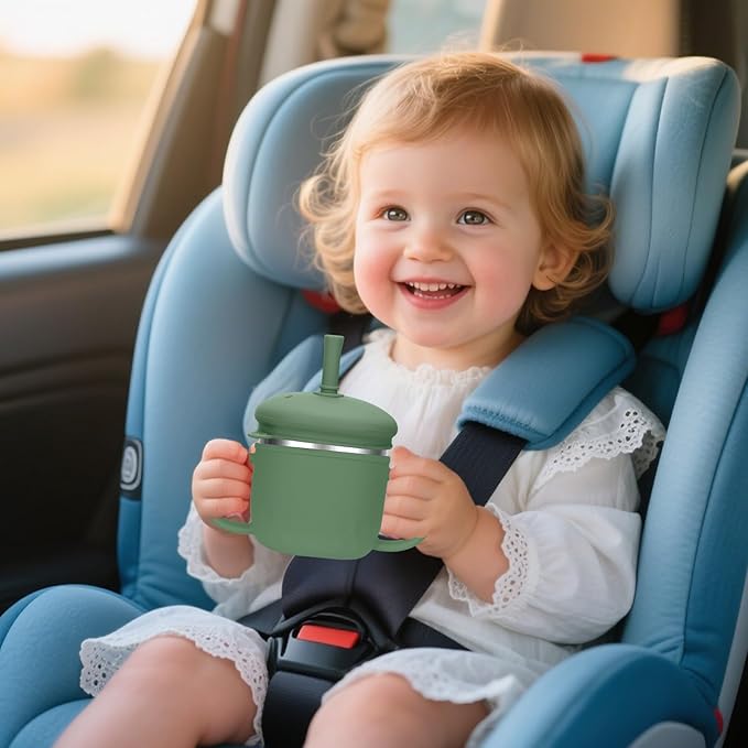 BUSOHA Stainless Steel Toddler Sippy Cup ??8oz Spill-Proof Straw Cup for 6+ Month Babies & Toddlers, 3-in-1 Reusable Travel Cup with Brush ??Dishwasher Safe, Kids Drinking Cup,Dark Green
