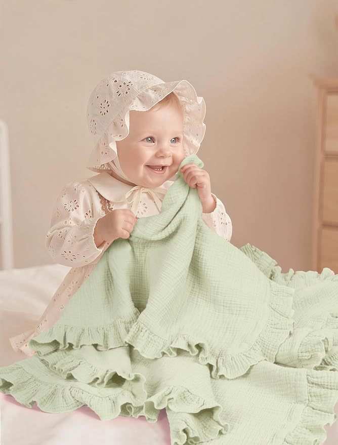 lulumoon Muslin Ruffle Baby Blanket - Soft Breathable 100% Cotton Newborn Wrap for Stroller Travel & Car Seat - Ideal for Nursery Decoration & Photo Prop 40"x36"(Green)