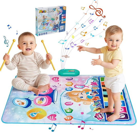 Baby Musical Play Mat,Early Educational 3 in 1 Floor Piano Drum Animal Play Blanket Montessori Sensory Musical Learning Toys,Baby 1-3 Birthday (Blue Princess Pattern-35.4"*27.5 ")