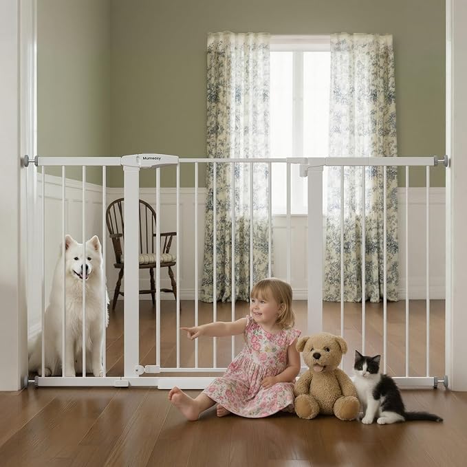 Mumeasy 36" Extra Tall Baby Gate for Doorways, 29.7"-57" Extra Wide Dog Gate for Stairs, Pressure Mounted Auto Close Pet Safety Gate with Easy Walk Thru Door, Large Indoor Child Gate for House, White