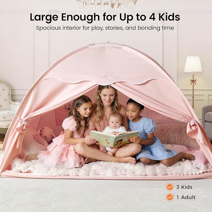 Tiny Land Twin Bed Tent for Kids, Breathable Bed Canopy Tent for Girls & Boys, Pink Play Tent, Easy Setup Washable Sleep Space, Cozy Dream Playhouse Gift, 77" x 40" x 46"