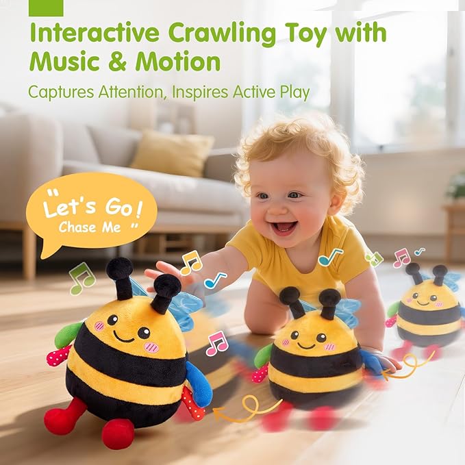 hahaland Baby Toy for 6 + 12 18 Months ??Crawling Musical Dancing Bouncing Learning Bee Plush, Interactive Tummy Time Toy for 1 2 3 Year Old Boys Girls Baby Easter Basket Stuffers