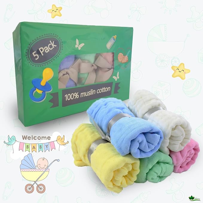 Muslin Baby Burp Cloths, 100% Muslin Cotton Burp Napkins for Newborn Girls and Boys, Absorbent Soft Muslin Baby Burping Rags 10' by 20', 6 Layers Infant Feeding Wipes (Multicolored, Pack of 5).
