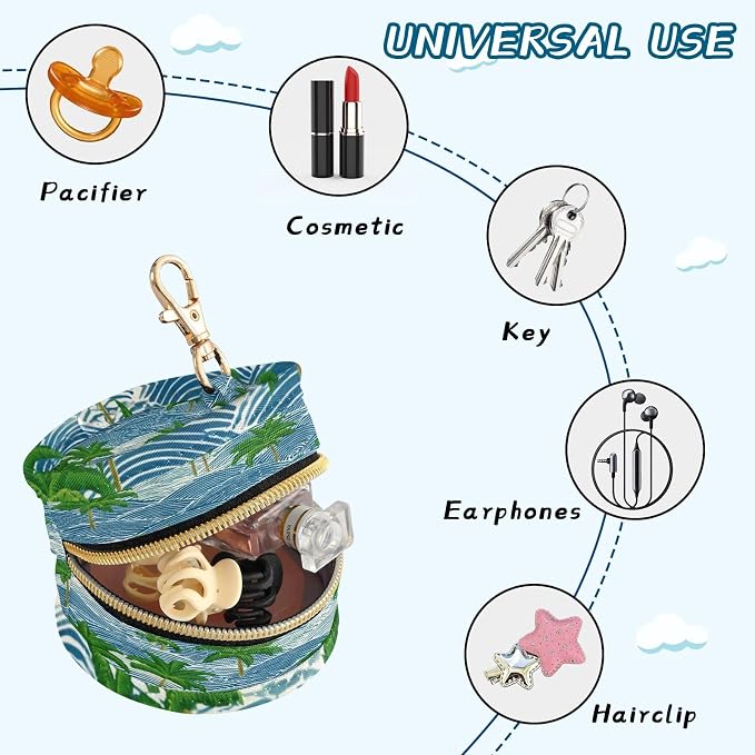 Pacifier Holder with Clip Pacifier Case for Diaper Bag Round Baby Pacifier Pouch Box Bag Portable Blue Waves and Green Tropical Coconut Trees01