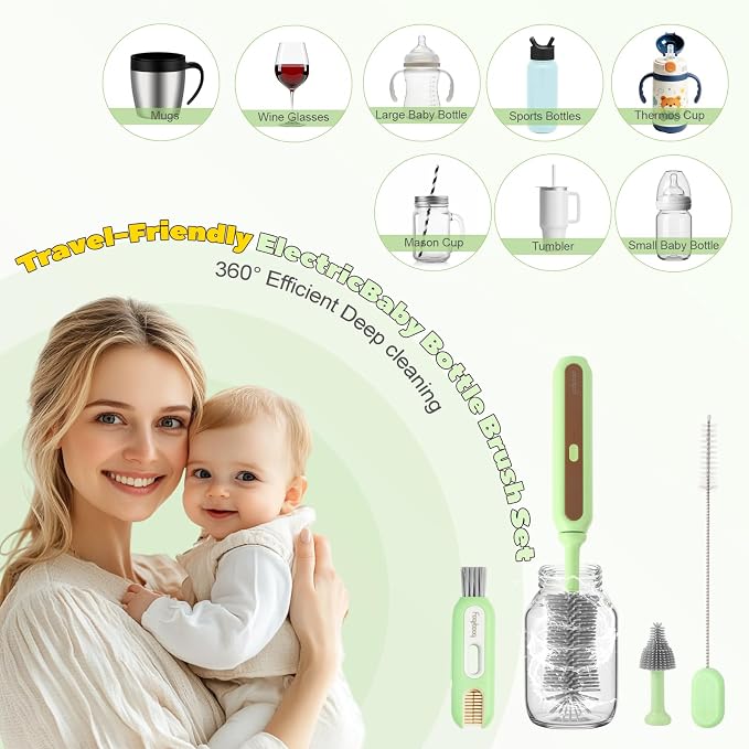 Electric Baby Bottle Brush Cleaner, 5-in-1 Travel Kit with Storage Bag, Food-Grade Silicone, Long Battery Life, Portable Baby Bottle Cleaner Brush Set, Ideal Gift for Parents & Babies (Green)