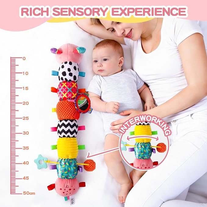 Baby Toys 0-6 Months, Musical Toys for Pink Caterpillar, Infant Stuffed Animal Soft Sensory Toys with Crinkle、 Rattles and Textures, Tummy Time Toys for Newborn Boys Girls 0 3 6 12 Months