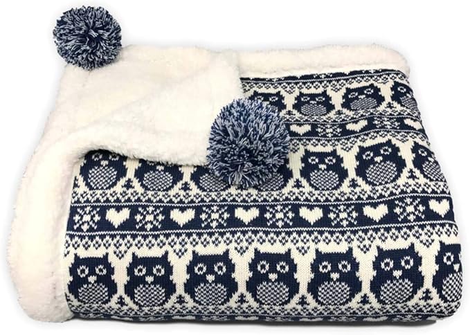 Snow Owl Cotton Knit Sherpa Baby Blanket 30?�x40??(Navy)