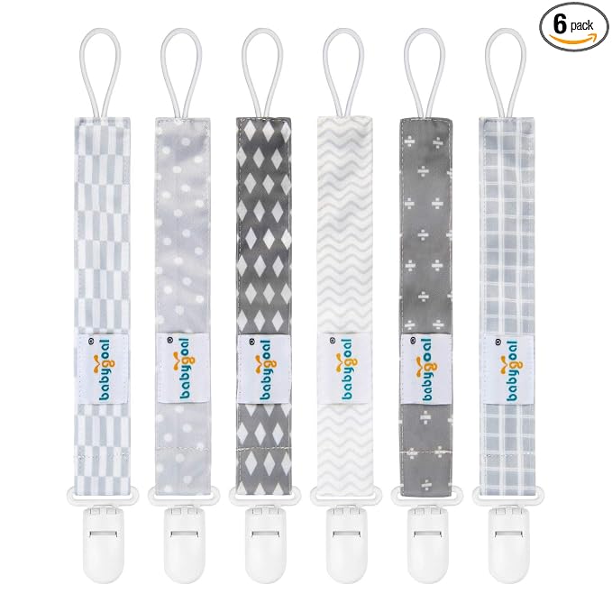 babygoal Neutral Grey Pacifier Clips, 6 Pack Binky Paci Holder Clip Leashes Fits for Most Baby Pacifiers and Binkies