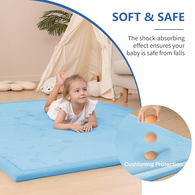 Baby Play Mat for Floor,1.3" Thick Memory foam Tummy Time Mat for Toddlers,Infants,kids,Water-Repellent Soft Nursery Rug,Extra Large Non Slip for Crawling&Yoga,Tatami Style for Living Room(Light Blue)