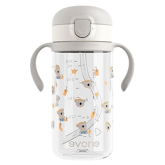 Evorie Tritan Toddler Sippy Cup with Silicone Straw, Spill-Proof Straw Water Bottle for Kids 1-2 Years Old, 10 oz, Removable Handles, Ideal for School (Koala)