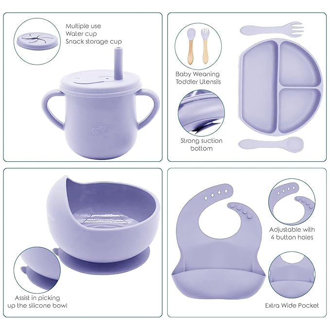 100% Silicone Baby Feeding Set,BPA Free Baby Dishes Set with Suction Bowl Divided Plate,Toddler Self Feeding Dish Set with Spoons Forks Sippy Cup and Bib, Baby Eating Utensils(Purple)