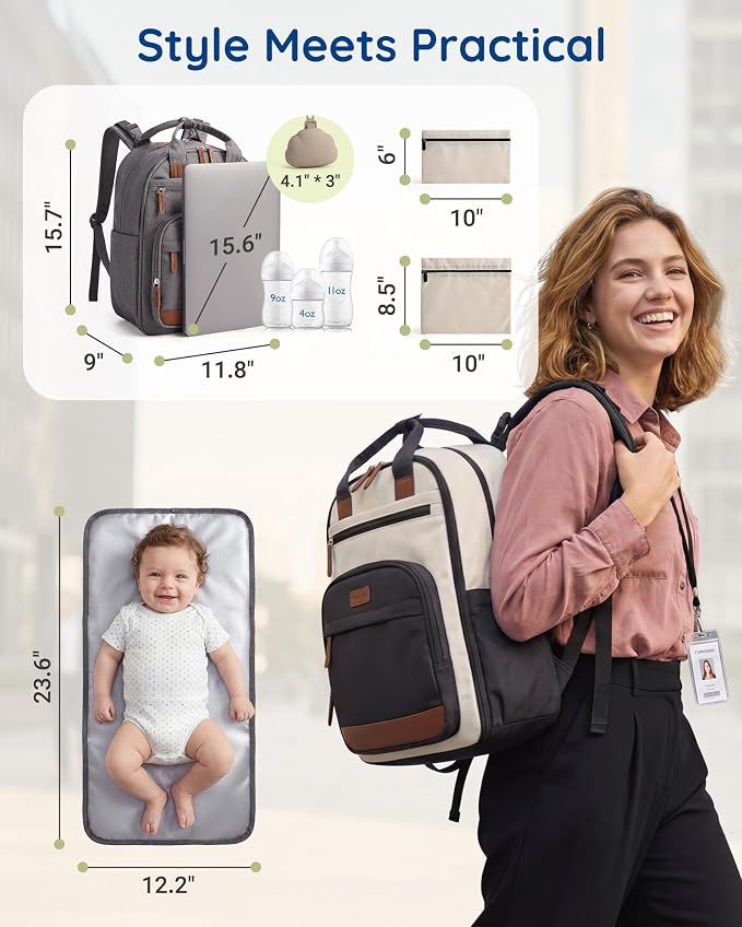 mommore Diaper Bag Backpack with Waterproof Changing Pad, Insulated Bottle Holders & Pacifier Case, Baby Diaper Bag with 2 Organizer Pouches, Stroller Straps, Dark Gray