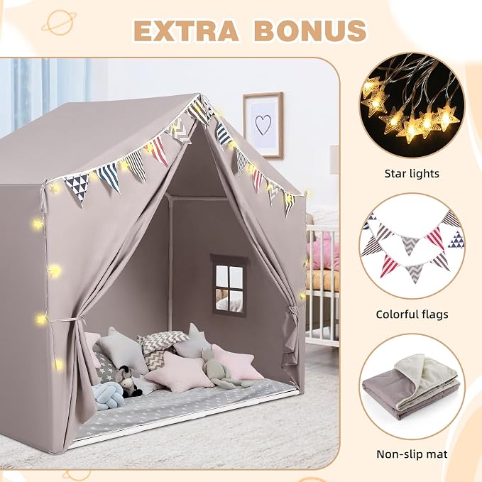 Kids Tent with Mat Playhouse for Kids Indoor Outdoor Play Tent for Toddlers 3 4 5 6 Year Olds (Light Grey)