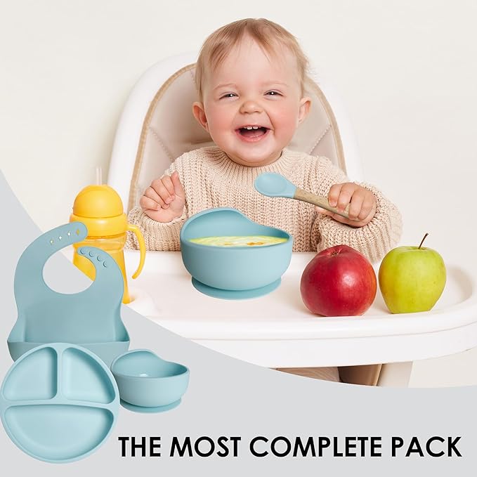 Bluet B- Silicone Baby Feeding Set - Baby Led Weaning Supplies - Baby Spoons, Suction Bowl - Plate - Baby Utensils Set - Silicone Feeding Set for Baby First Foods, Infant Eating - 8pcs - Light Blue
