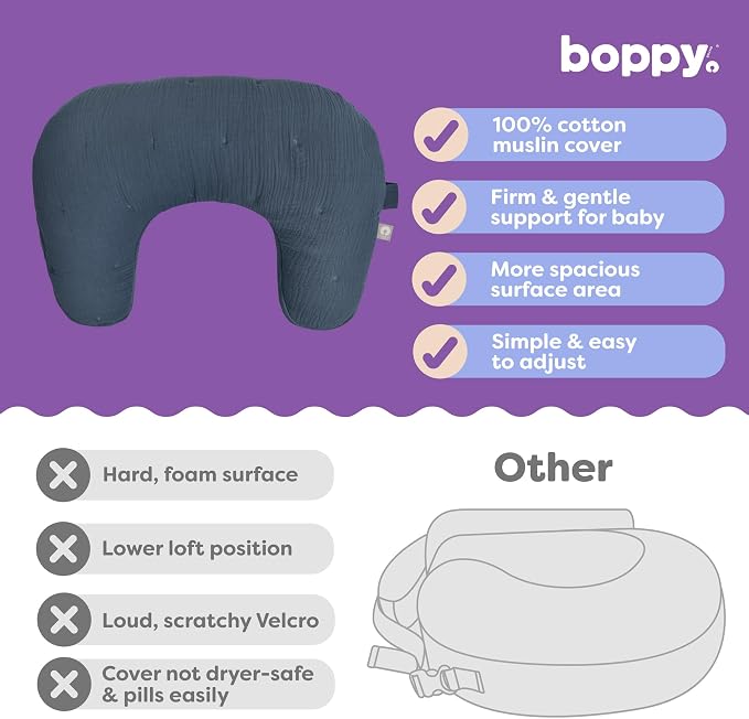 Boppy Nursing Pillow Luxe - Ergonomic Bottle & Breastfeeding Pillow with High Lift & Firm Support - Water-Resistant with Washable Cotton Muslin Cover - Baby Safety Alliance Verified - Slate Blue