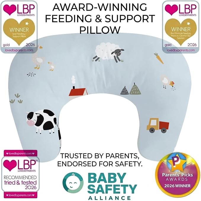 Little Grape Land U-Shaped Nursing Pillow with Washable Cover, Blue Ranch | Ergonomic U-shaped breastfeeding support pillow for mom and baby, featuring a soft, breathable and washable cover.