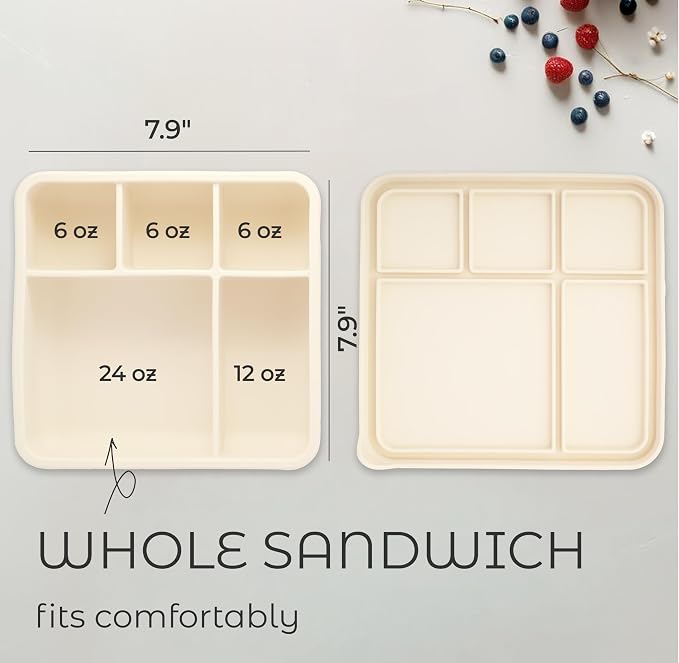 ASOMIC® Large Silicone Bento Box, 5 Compartments, Leakproof Lunch Container, BPA-Free, Microwave & Dishwasher Safe, For Work, School & Travel (Ivory)