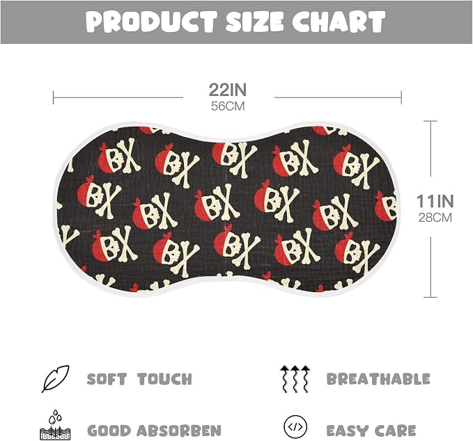 Muslin Burp Cloths for Baby Boys and Girls - 2-Pack Ultra Absorbent Pirate Skull Muslin Washcloths, Newborn Towel, Milk Spit Up Rags, Burp Cloth Bibs for Unisex, 22 x 11 Inch