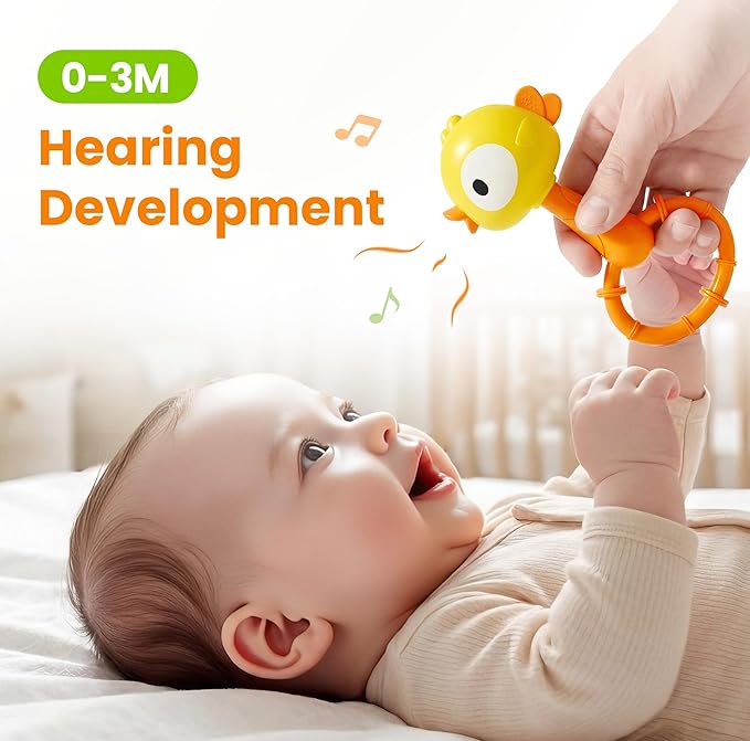 iPlay, iLearn Baby Maracas Rattle Toy, Infant Animal Shaker Rattles Set, Newborn Sensory Teething Rings, Tummy Time Carseat Stroller Crib Toy, Birthday Gift 3 4 6 7 9 12 18 Month Old Toddler Girl Boy