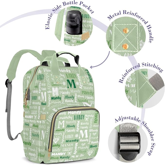 Custom Diaper Bag with Name Personalized Multifunctional Mommy Backpack for Daughter Granddaughter, Green Daypack Bag for Travel