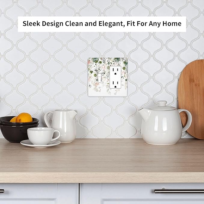 Green Pink Floral Flower Rustic Eucalyptus Leaves Wildflower Outlet Covers 1 Toggle 1 Rocker Combination Decorative Wall Plate Electrical Switch Plates Light Switch Cover Plate for Bedroom Living Room