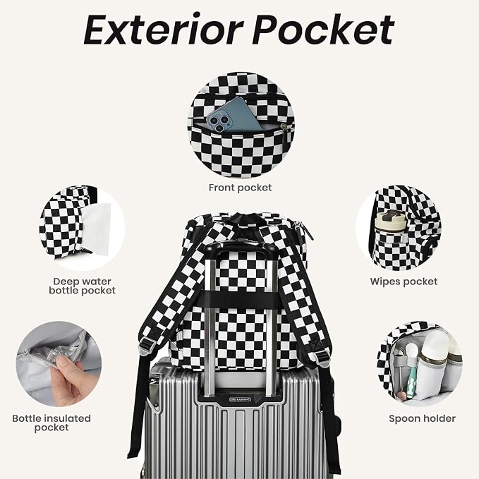 FHELAD Checkered Diaper Bag Backpack with Changing Pad & Stroller Clips, Large Travel Baby Diaper Bag for Newborn Moms, Baby Shower Gifts (Obsidian Black)