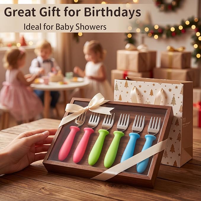 Pimoys 6-Pack Stainless Steel Toddler Forks, Kids Forks Utensils for Little Hands, Self-Feeding Training Fork for Daily Meals, Dishwasher Safe Reusable Baby Flatware Set for Birthdays Christmas Gift