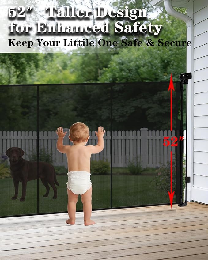 280'' Extra Wide Retractable Baby Gates for Large Opening, 52" Tall Retractable Dog Pet Gate with Support Rods, Long Mesh Screen Child Safety Gate for Garage Doorways Deck Stairs Yard Outdoor Indoor