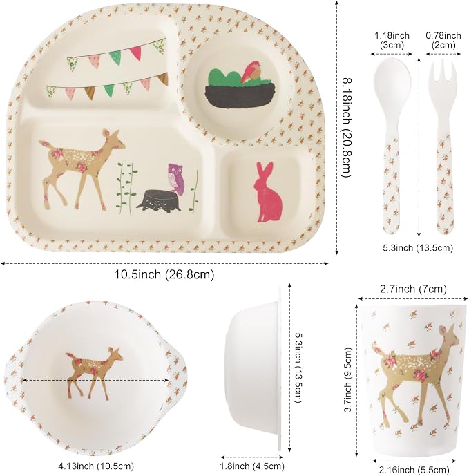 Qshare Bamboo Toddler Dinnerware Set,5Pcs Baby Plates Set,Bamboo Plates and Bowls Set,Christmas Dinnerware Set, Kids Dishes with Plate,Bowl,Cup,Fork and Spoon