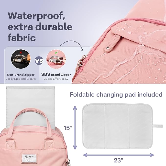 RUVALINO Diaper Bag Backpack, Multifunction Travel Back Pack for Girls, Maternity Baby Changing Bags with Changing Pad for Mom, Large Capacity, Waterproof and Stylish, Pink