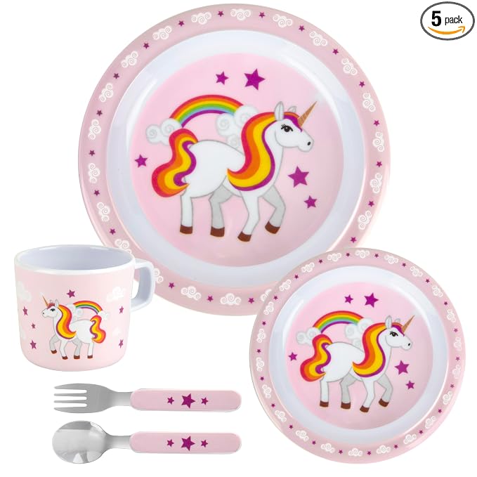Bentology 5 Pc Mealtime Set for Kids - Unicorn Theme - Includes Raised Edge Plate & Bowl, Cup, Fork & Spoon- Dishwasher Safe, BPA Free- Cute Durable Dish, Easy Self-Feeding- Gift for Toddlers