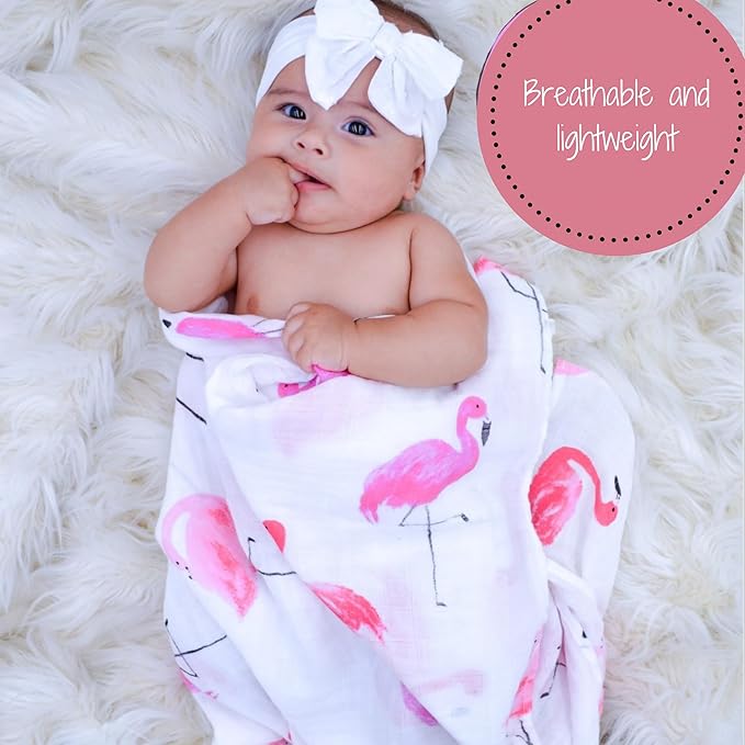 LollyBanks Muslin Swaddle Blankets, 100% Cotton Baby Swaddle Blanket for Girls, Soft and Large 47 x 47 Inches Newborn Swaddle, Breathable Baby Receiving Blankets, Registry (Flamingo and Flower 3 Pack)