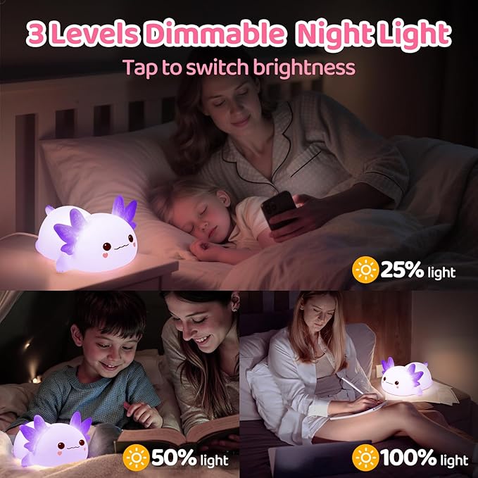 Mewaii Huggwaii Squishy Axolotl Night Light for Kids, Dimmable Silicone Kids Night Light with 4 White Noise, 2025 Upgraded Rechargeable Axolotl Lamp,Toddler Nightlight,Girls&Baby Gifts Room Decor