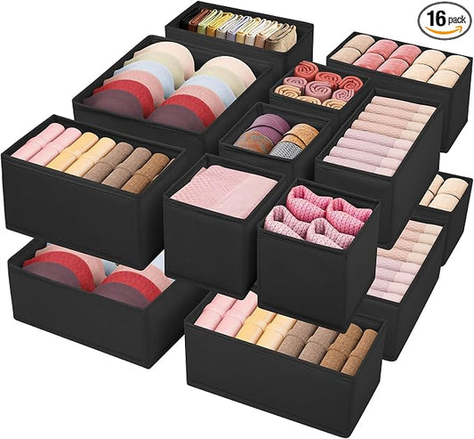 Drawer Clothes Organizer 16-Pack, Black 3 Sizes Underwear Drawer Dividers, Fabric Folding Wardrobe Organizer, Can Store Baby Clothes, Bras, Underwear, Panties, Belts, Socks, Ties